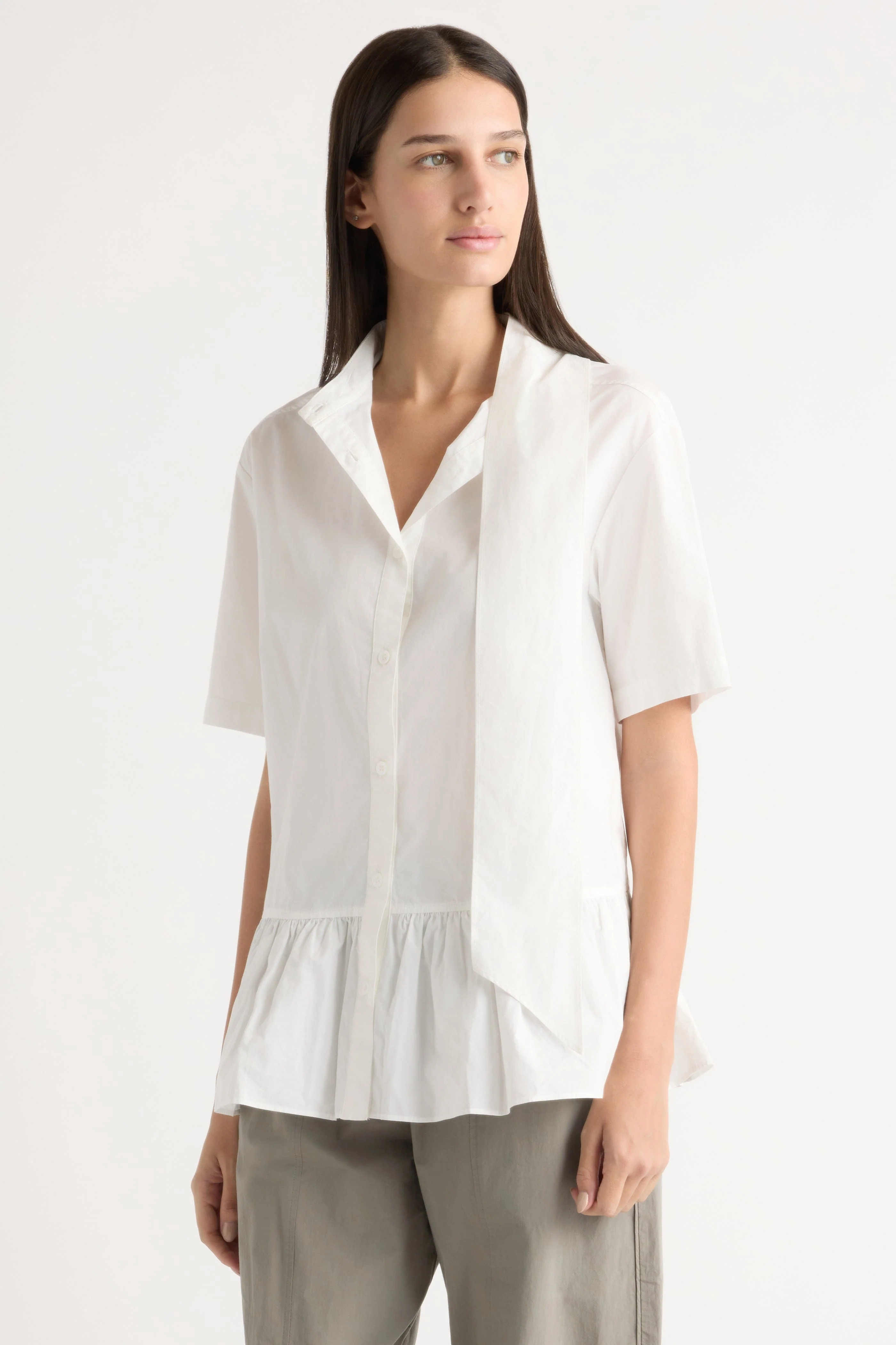 Gretta Scarf-Neck Ruffled Tunic Blouse