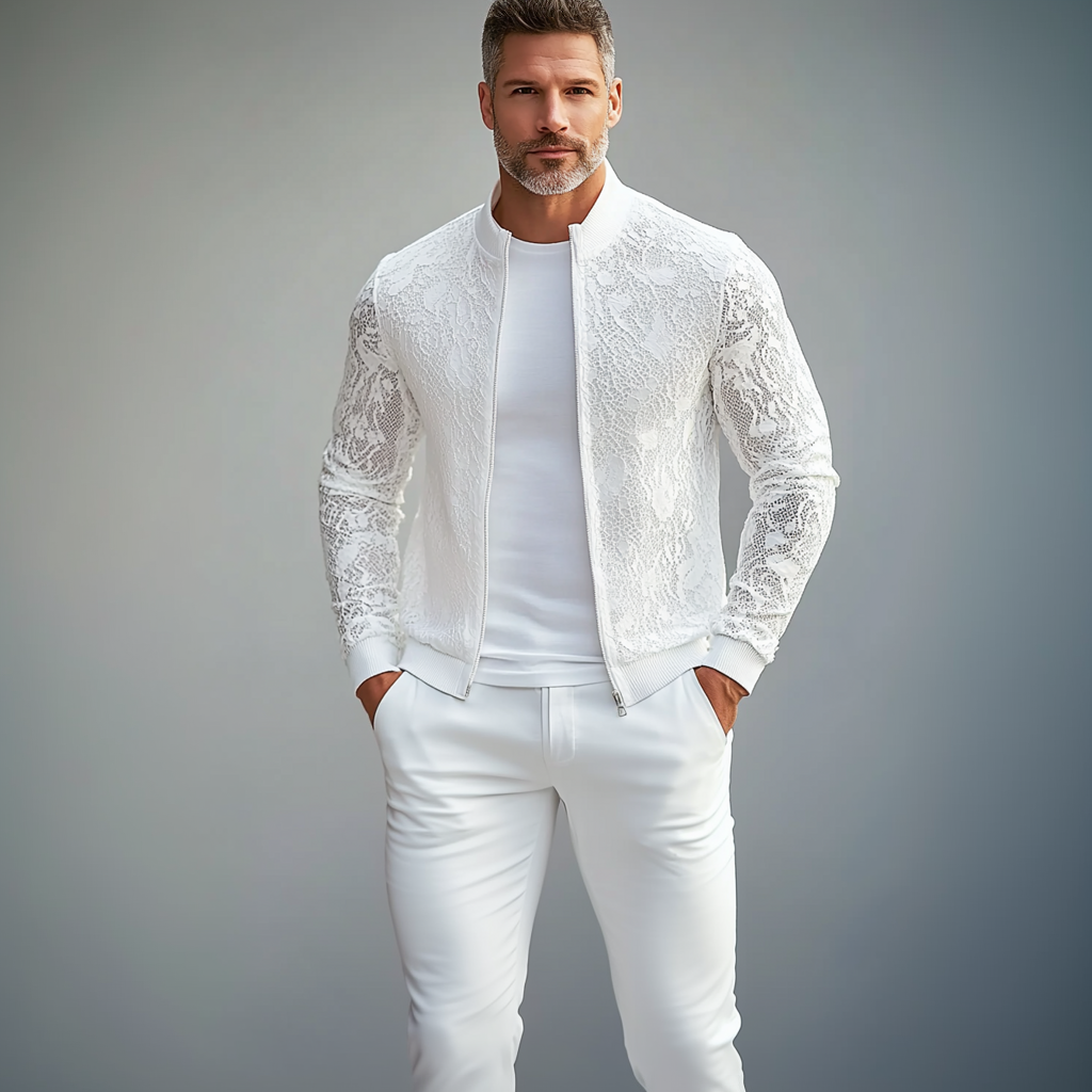Men's Lace See-Through Stand Collar Zip Up Long Sleeve Jacket