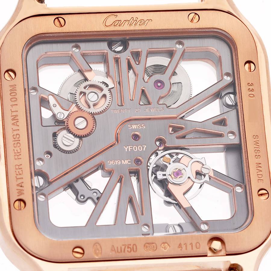 Cartier Santos 18k Rose Gold Skeleton Dial Mens Watch WHSA0010