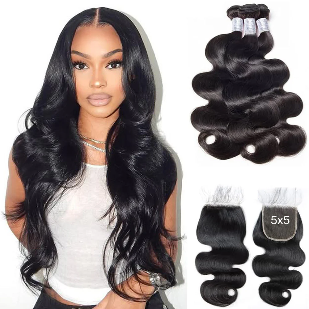 16-30 inch Brazilian Hair Body Wave 3 Bundles With 5x5 Lace Closure 100% Human Hair Extension