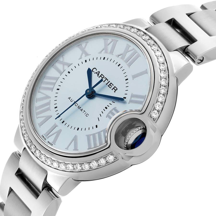 Cartier Ballon Bleu 33mm Blue Silver Diamond Dial Steel Watch W4BB0028