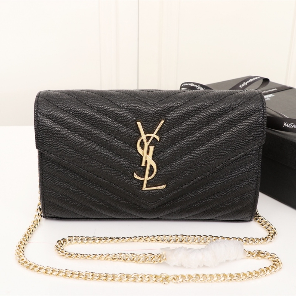 Saint Laurent Classic Cassandre Grain De Poudre Chain Wallet Black 22cm 377828BOW011000