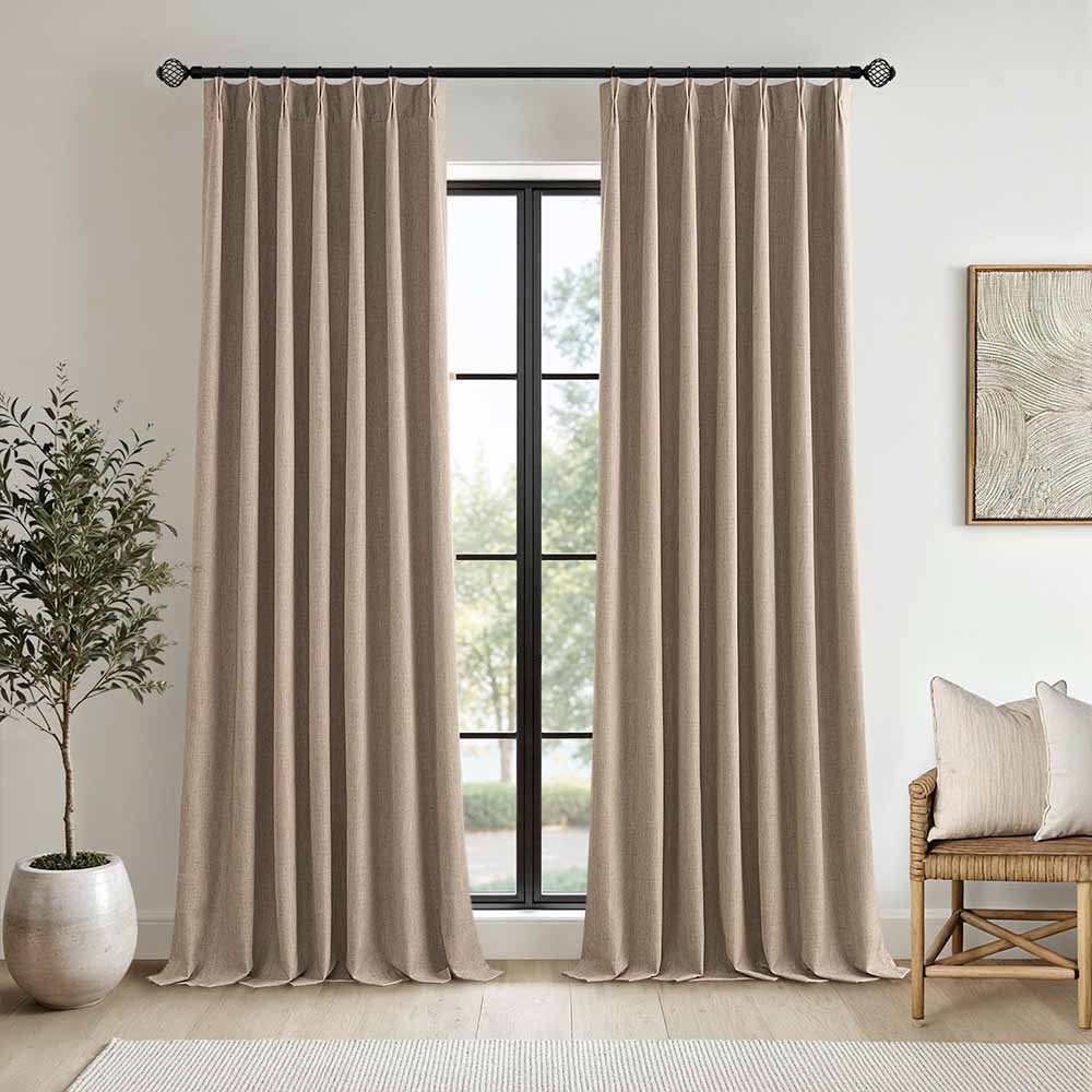 Natural Pinch Pleated 100% Blackout Linen Curtains (2 Panels)