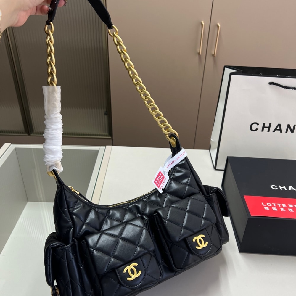 Chanel Maxi Hobo Bag Gold Tone Metal Black 25cm