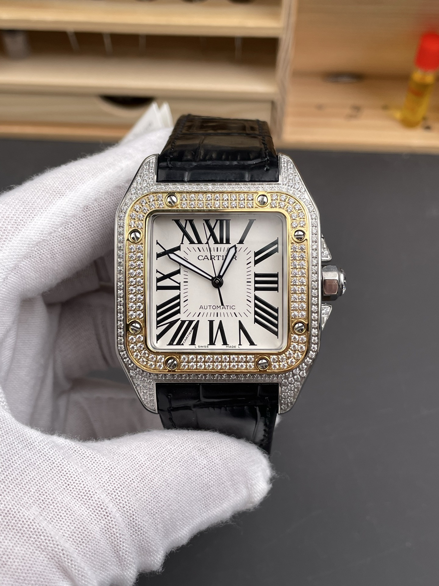Santos Two-Tone Full Diamond White Dial