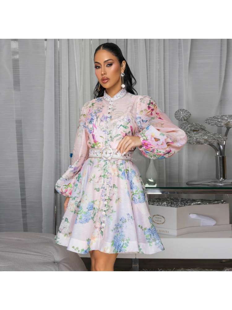 Disty Floral Long Sleeve Buckle Swing Midi Dress