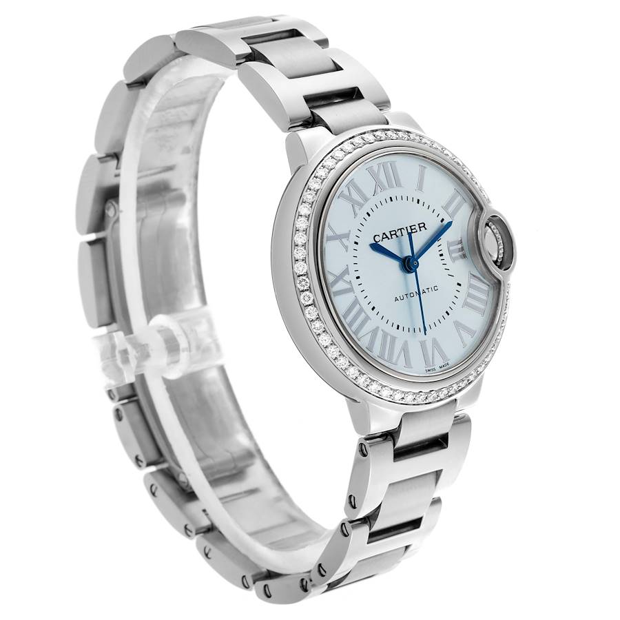 Cartier Ballon Bleu 33mm Blue Silver Diamond Dial Steel Watch W4BB0028