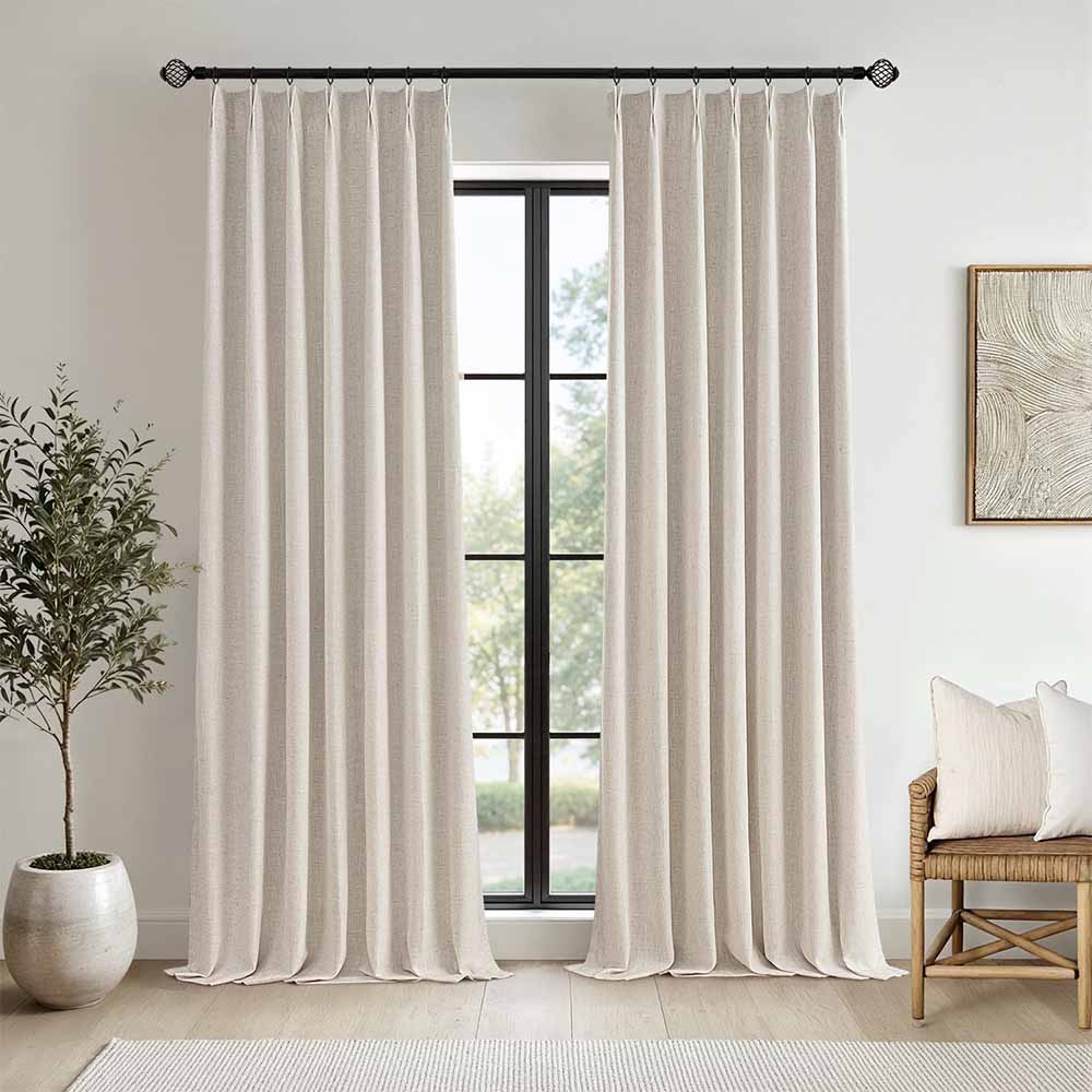Natural Pinch Pleated 100% Blackout Linen Curtains (2 Panels)