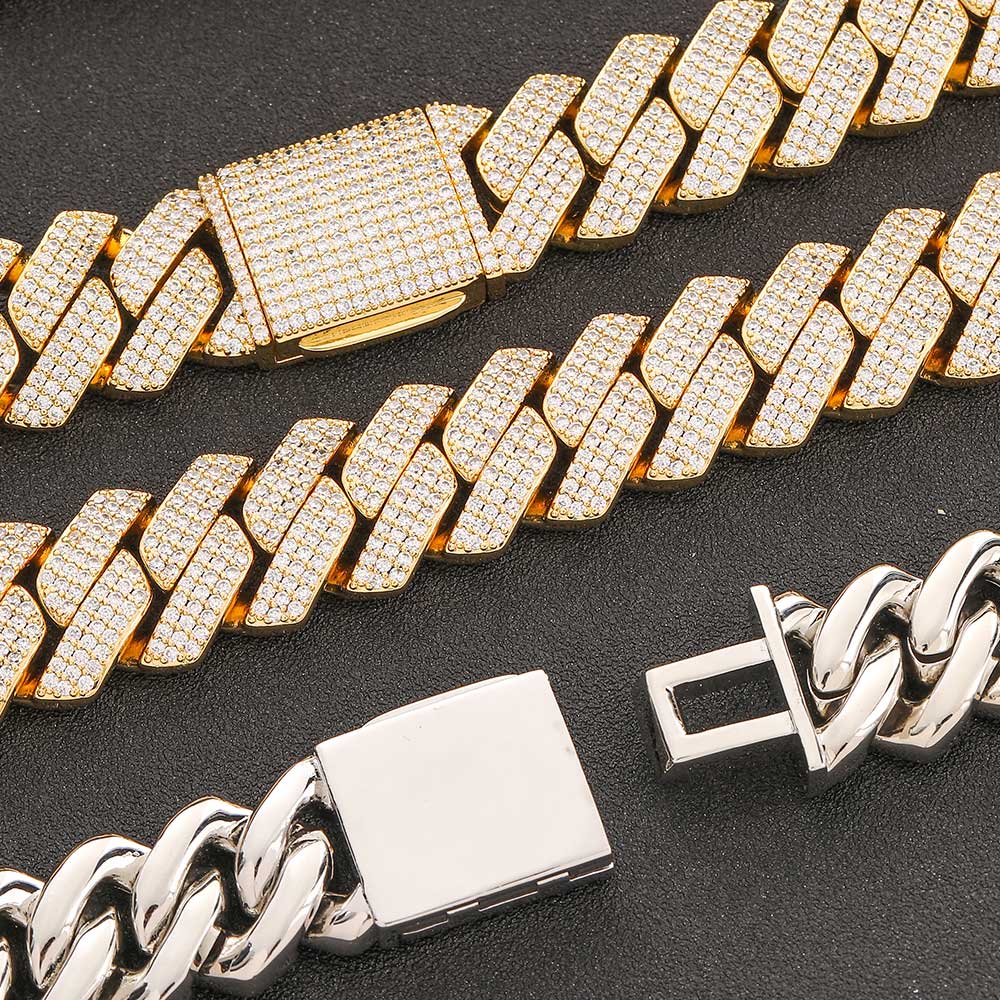 Wholesale Men Hip Hop Jewelry 20mm 3 Rows Gold Chunky Necklace Iced Out Cz Prong Cuban Link Chain Necklace Diamond Cuban Chain