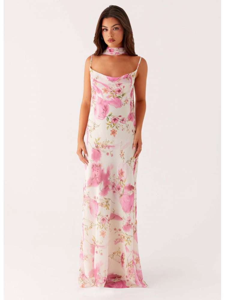 Floral Backless Lace-Up Ribbons Maxi Dress