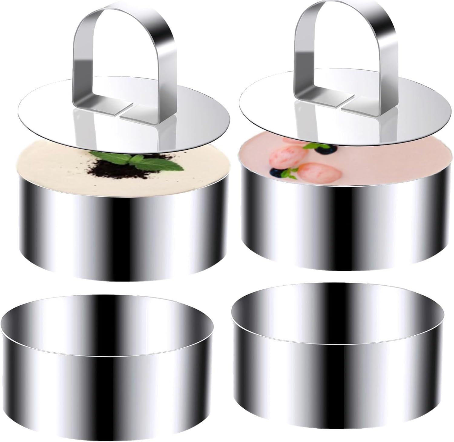 Round Cake Ring Molds, Stainless Steel 4 inch Food Rings Dessert Mousse Cooking Rings Mold with Pusher & Lifter 10cm (Include 4 Rings & 2 Pushers)