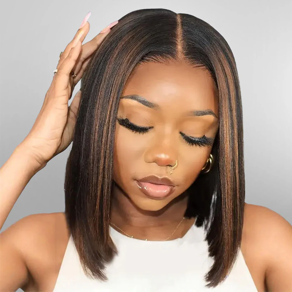 Megalook 6x5 Invisible Knots Auburn Highlights On Black Straight Bob Wigs Beginner Friendly