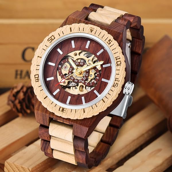 No Battery Fashion Mechanical Wooden Watch for Men, Mechanical Movement Wooden Strap Men's Watch for Father's Day, Birthday M811-red white