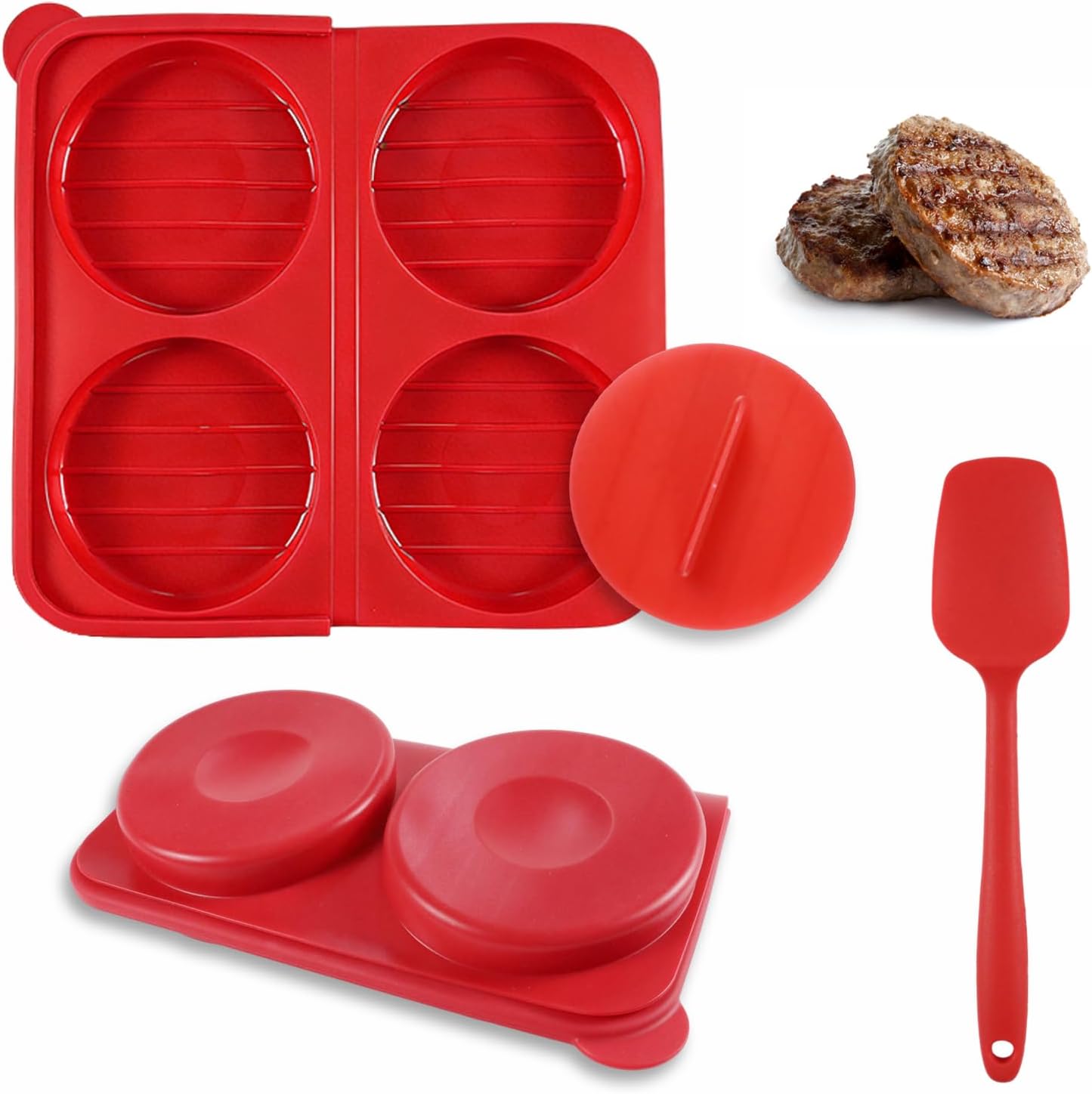 Burger Patty Maker, 4-Cavity Silicone Burger Mold with Silicone Spatula, 4.7" 1/4 lb Non-Stick Hamburger Press Patty Maker, for Meat, Veggie Patties, Kitchen, BBQ, BPA-Free, Dishwasher Safe