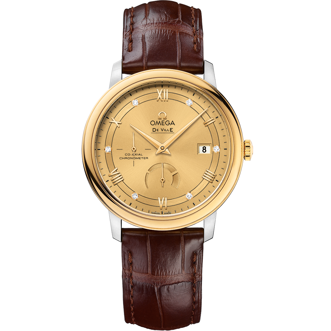 De Vil Prestige​ 39.5 mm, Steel ‑ yellow gold leather strap