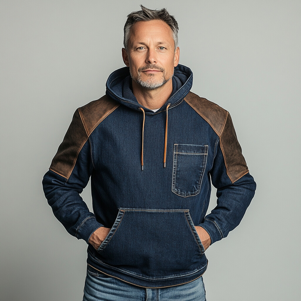 Men's Denim Patchwork Long Sleeve Pocket Drawstring Hoodie