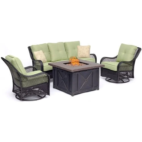 Orleans 4-Piece Woven Fire Pit Lounge Set in Avocado Green with Sofa, 2 Swivel Gliders and Durastone Fire Pit, Autumn Berry