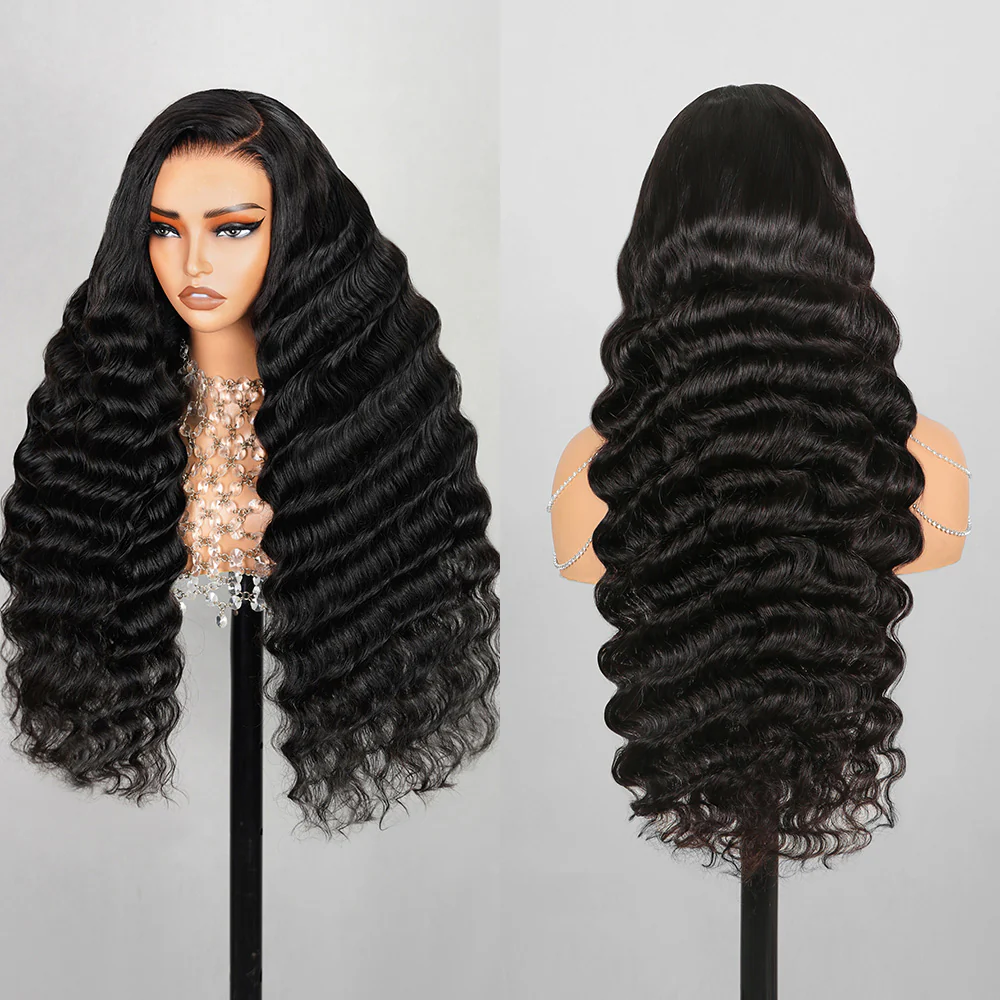 Megalook 6x5 Invisible Knots Glueless Loose Deep Wave Wigs Pre-cut Lace Natural Black Breathable Cap