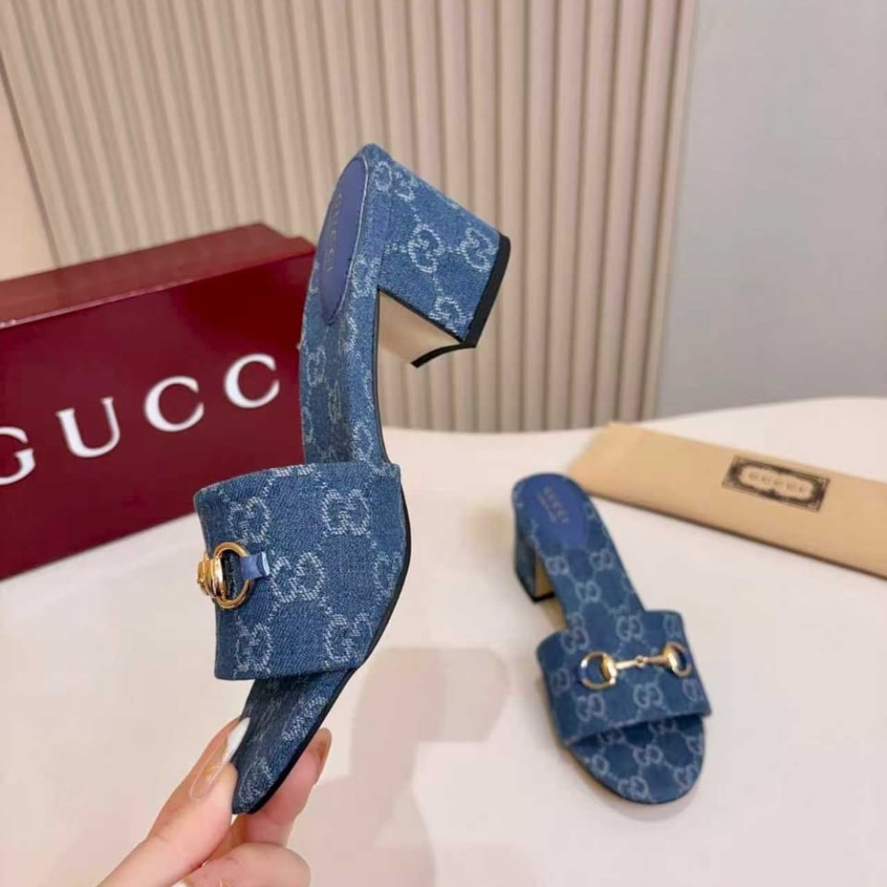Gucci Women Slide Sandal With Horsebit Blue GG Denim 854882 FAFGT 4746