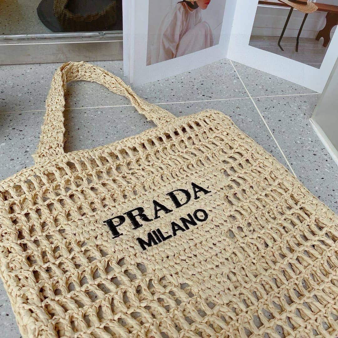 Prada Natural Logo Crochet Tote Bag