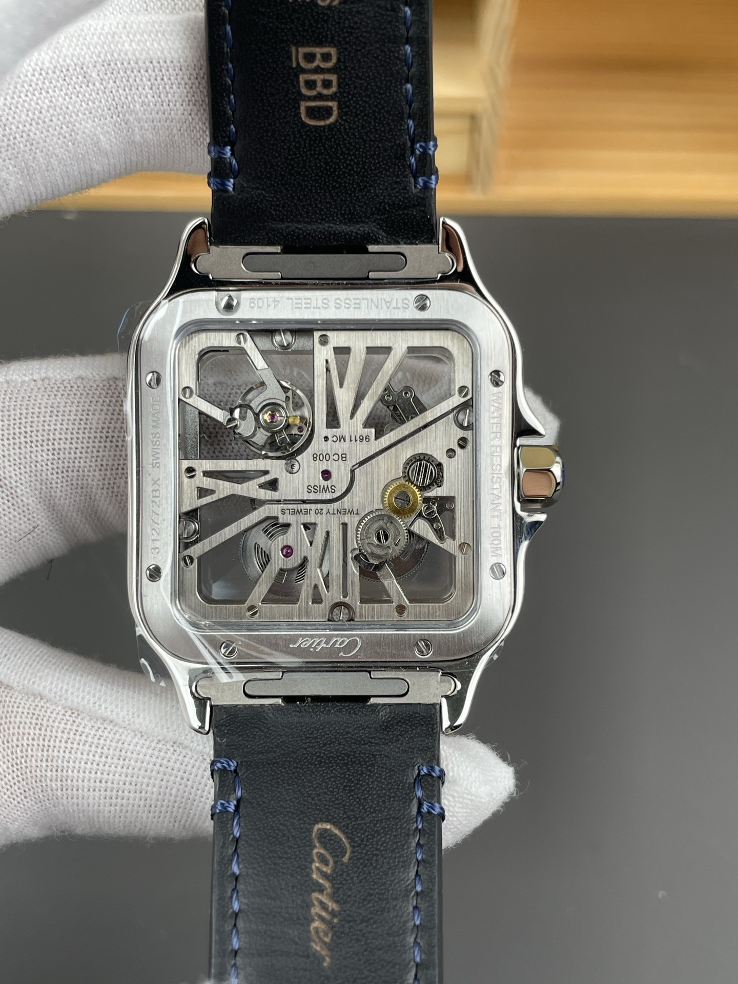Santos Skeleton Series Leather Strap Blue Dial