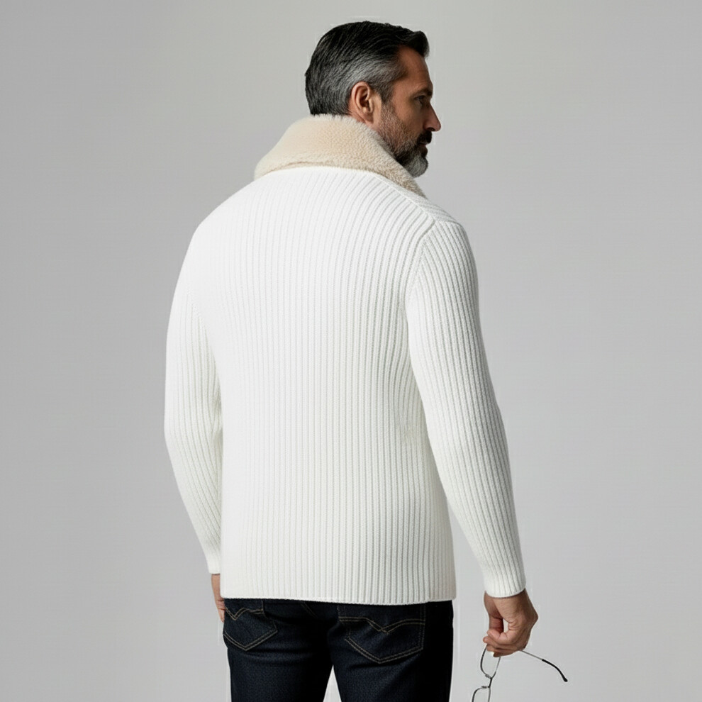 Men's White Plush Trim Turndown Collar Long Sleeve Button Ribbed Knit Cardigan