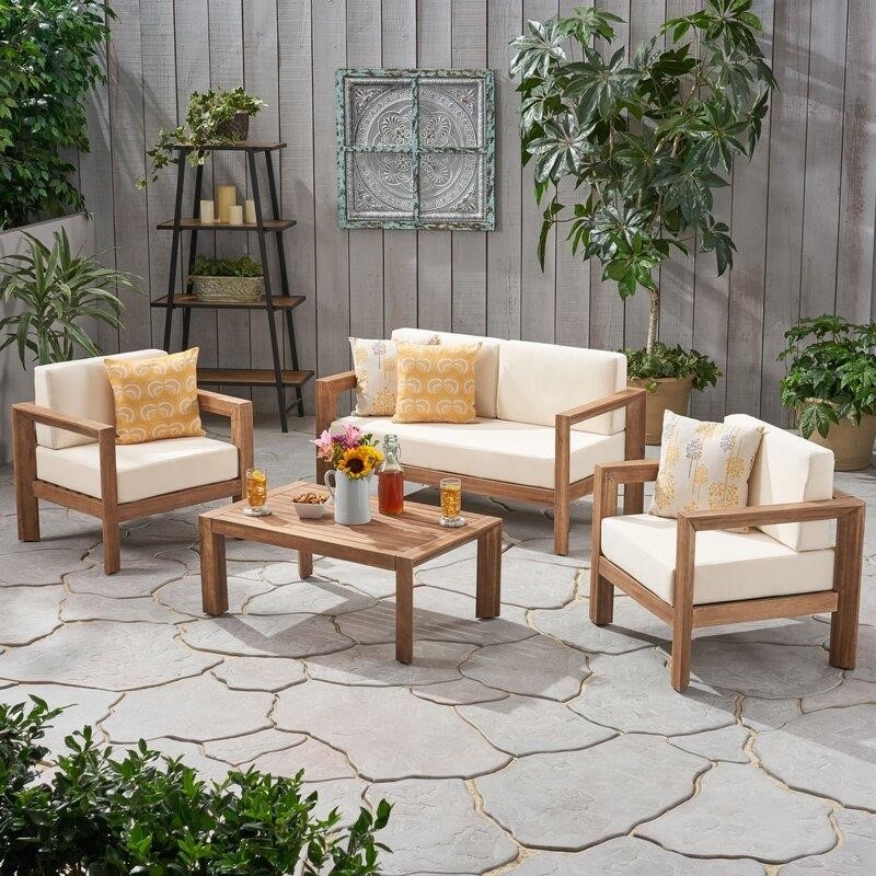 Mabie Solid Wood 4 - Person Seating Group with Cushions
