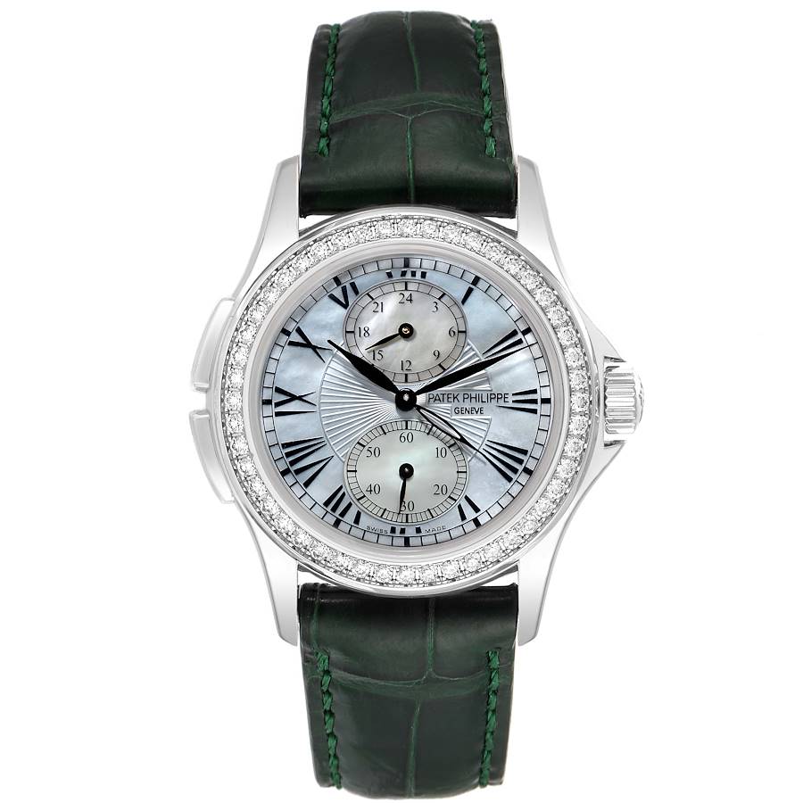 Patek Philippe Calatrava Travel Time White Gold Mother of Pearl Diamond Watch 4934 Papers