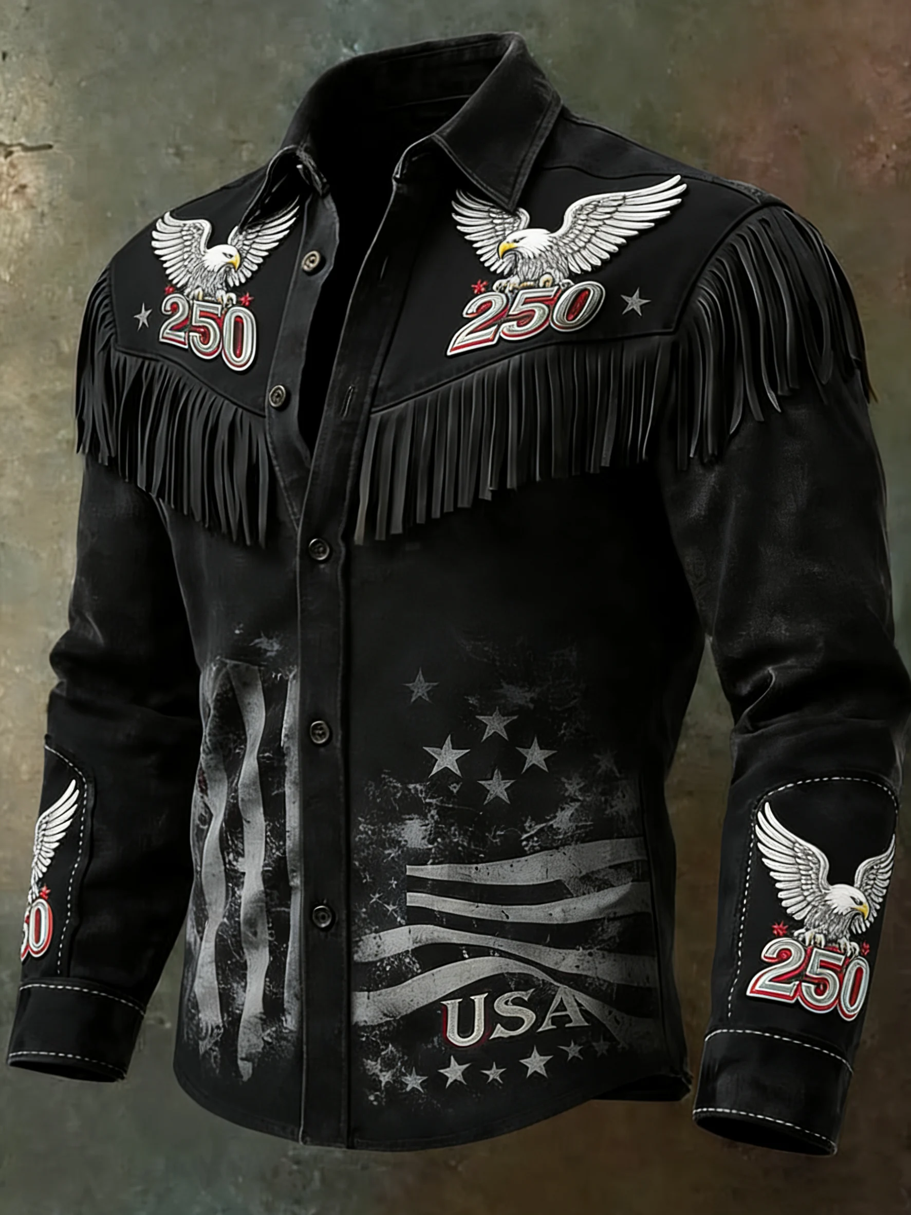 Men'S Vintage Distressed Western-Style 250th Anniversary Commemorative Printed Shirt