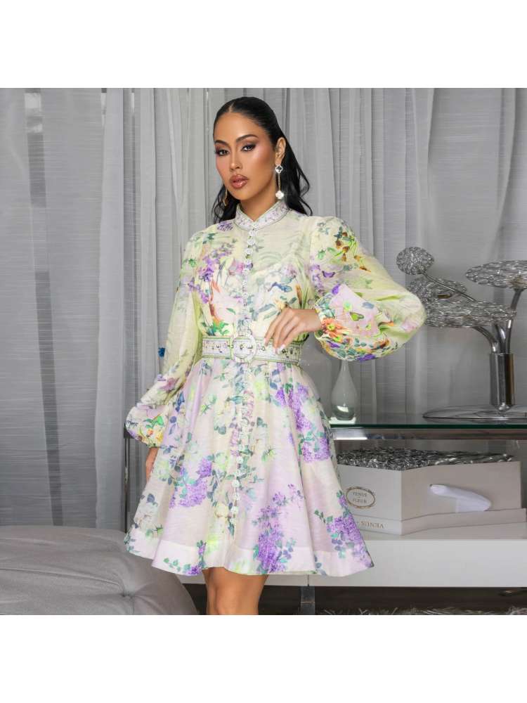 Disty Floral Long Sleeve Buckle Swing Midi Dress