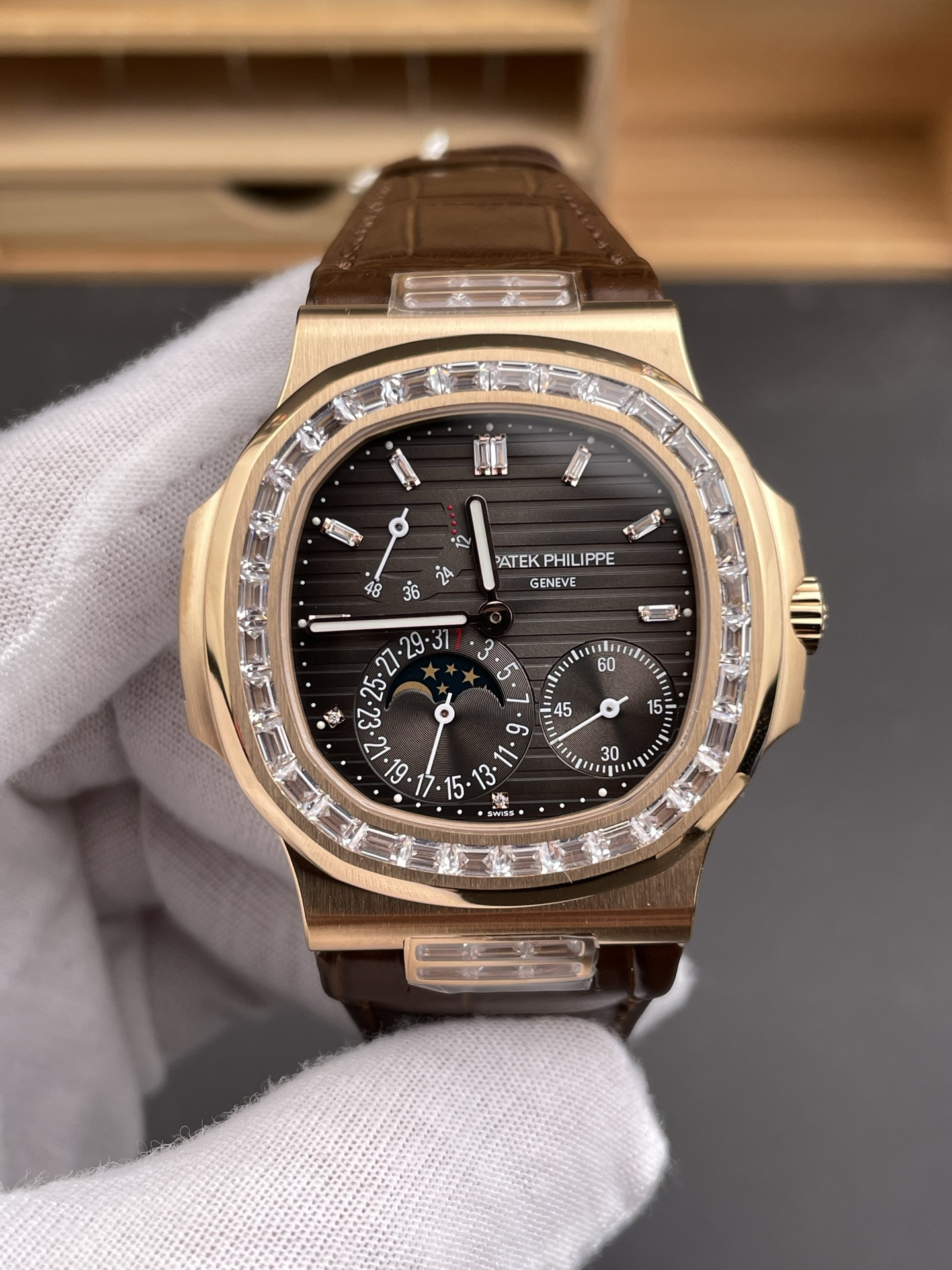 Nautilus 5724 with Baguette Diamond Bezel, Rose Gold Dark Brown Dial