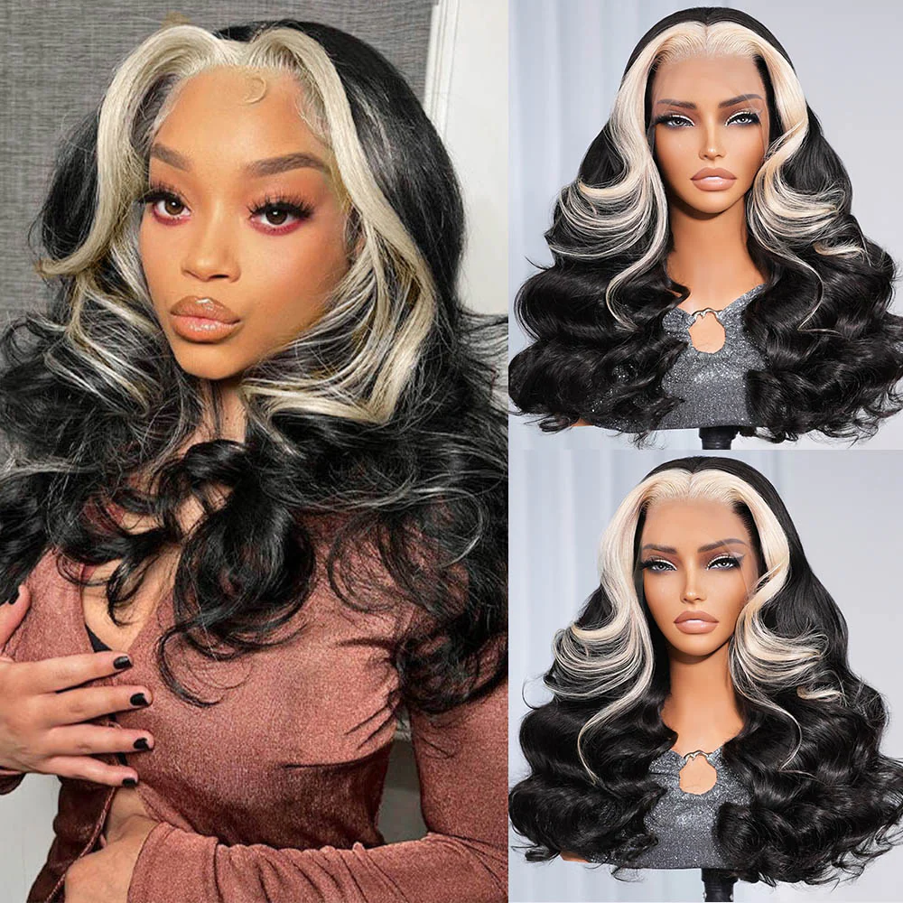 Megalook Skunk Stripe Highlight Black and Honey Blonde 613 Color 13x4 Transparent Lace Frontal Long Human Hair Wig