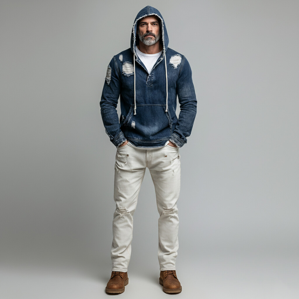 Men's Dark Blue Distressed Denim Ripped Kangaroo Pocket Long Sleeve Hoodie