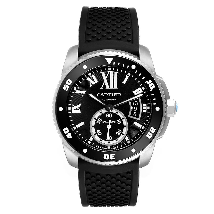Cartier Calibre Diver Black Dial Rubber Strap Steel Mens Watch W7100056
