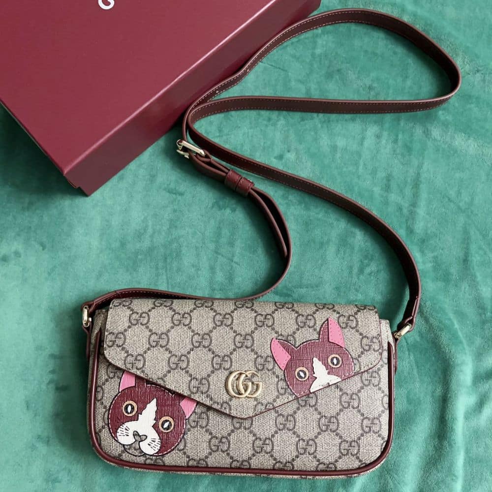 Gucci Gg Mini Shoulder Bag With Cat Detail Beige And Dark Brown 22Cm