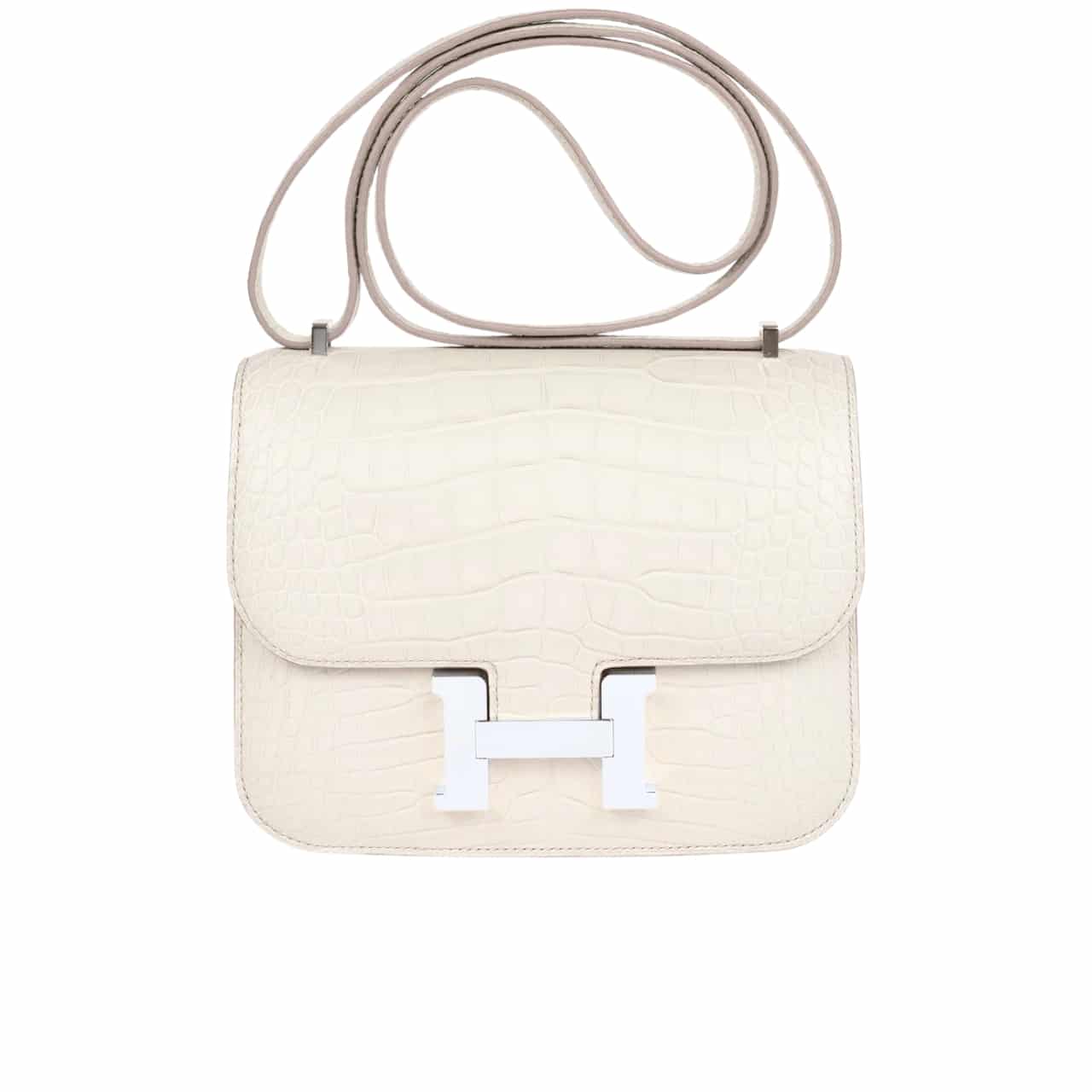 Hermès Mini Constance 19 Shiny Alligator Palladium Hardware White 19Cm