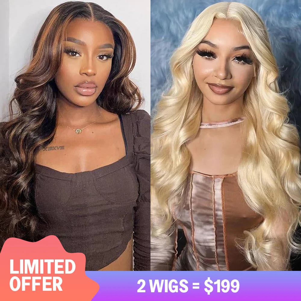 $199=2 Wigs | 18inch 13X4 Lace Frontal Wig #613 Blonde Straight Wig Plus 18inch 4x4 Pre-All Wig 1BP30 Highlight Body Wave 180% Density