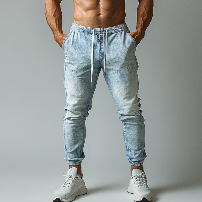 Men's Washed Denim Drawstring Slant Pocket Jogger Jeans
