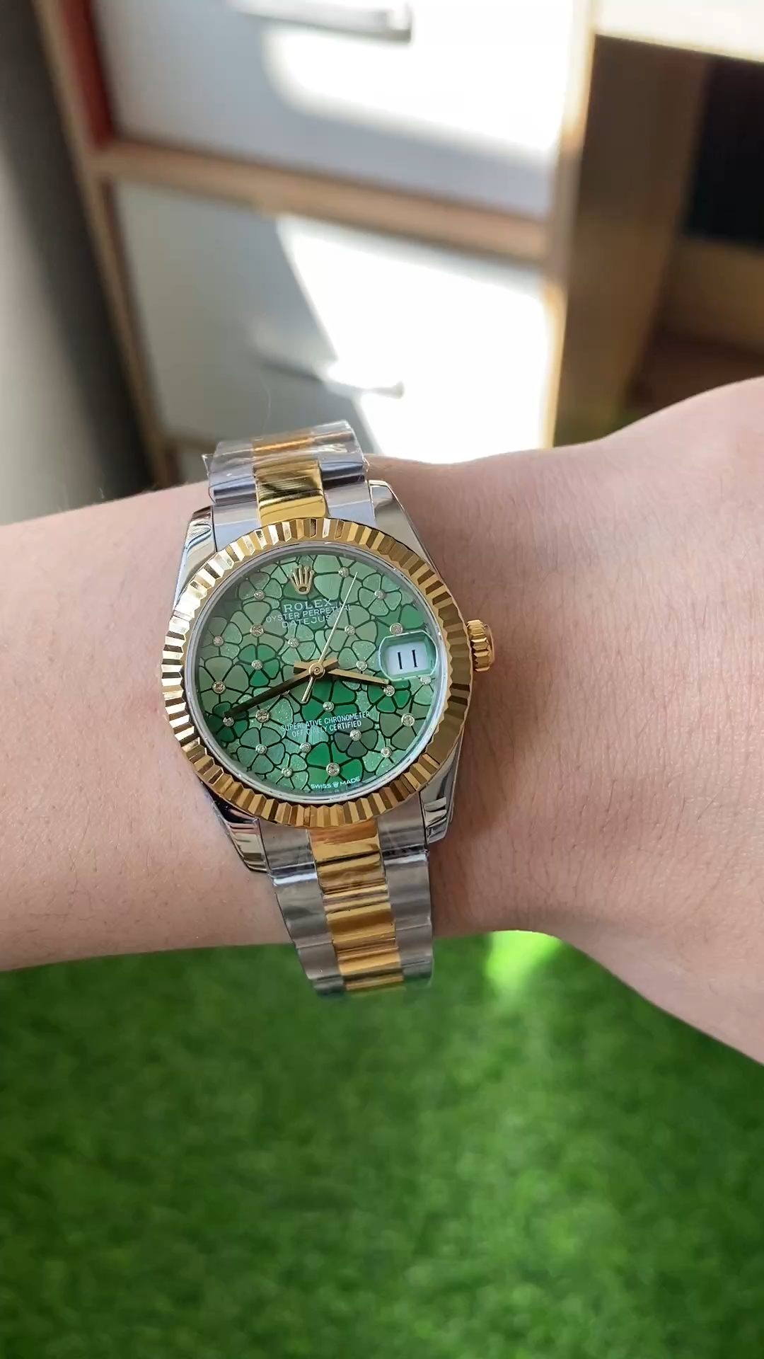 Rolex Datejust 31 Yellow Gold Olive Green Floral Motif Diamond Dial m278273 0031