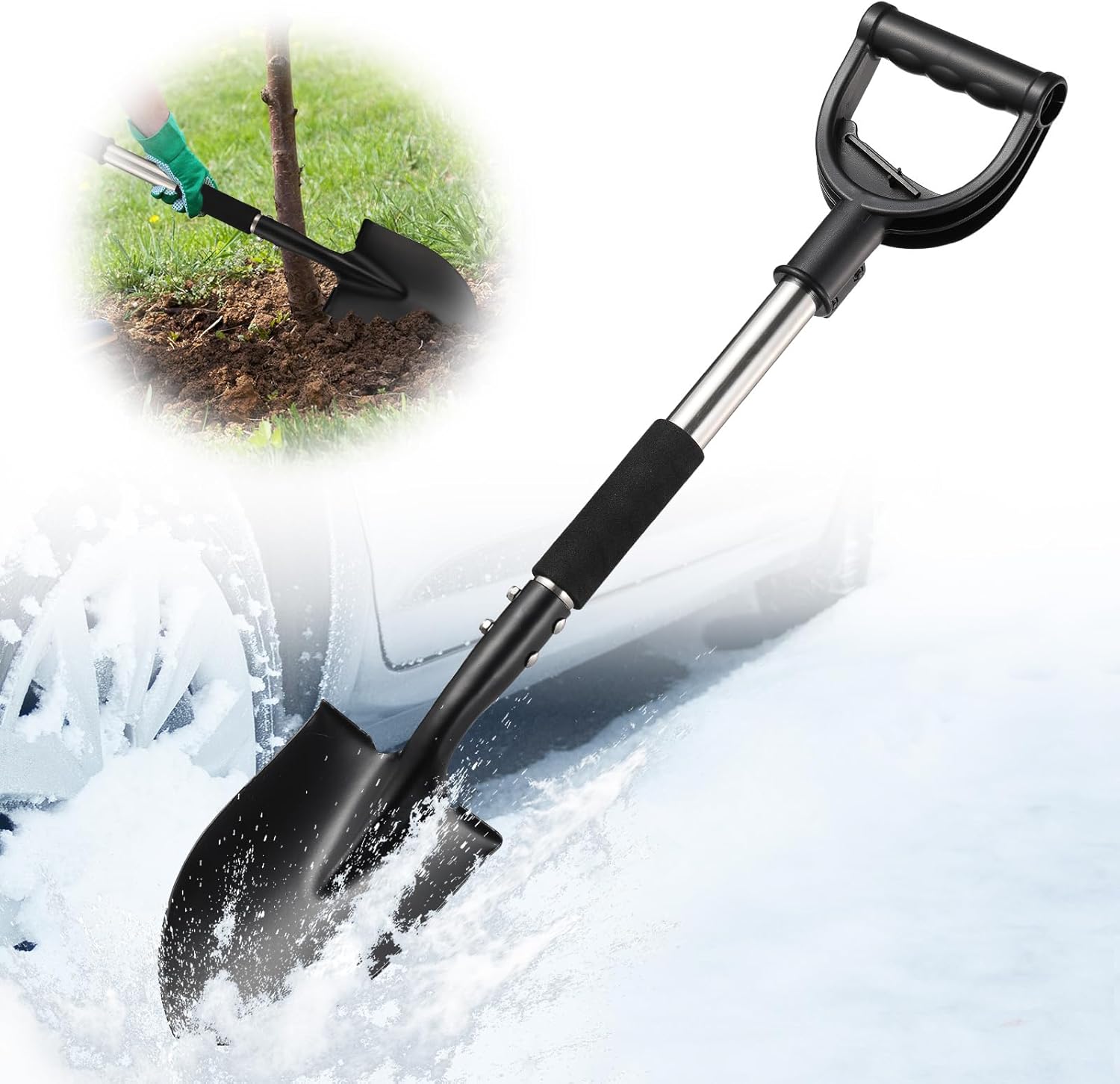 Multi-Task Small Shovel 31′′ – D-Handle Ergonomic Design for Raised Garden Beds, Outdoor Compact Spaces & Family Camping (Rustproof & Ultra-Light), Silver
