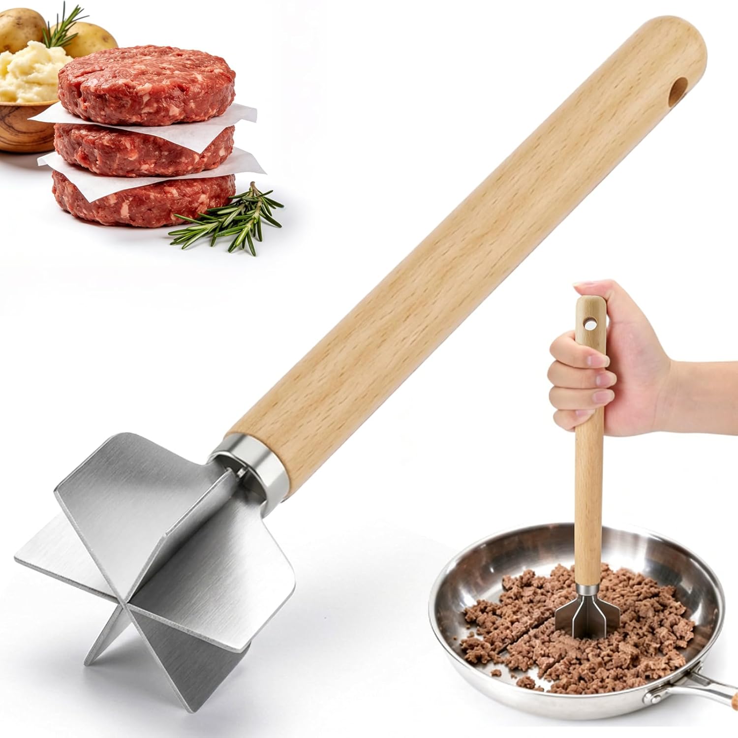 Meat Chopper Stainless Steel, 6 Curve Blades Meat Masher, 11 Inch Ground Beef Chopper Tool & Hamburger Smasher, Meat Pounder & Multi-Purpose Kitchen Tool