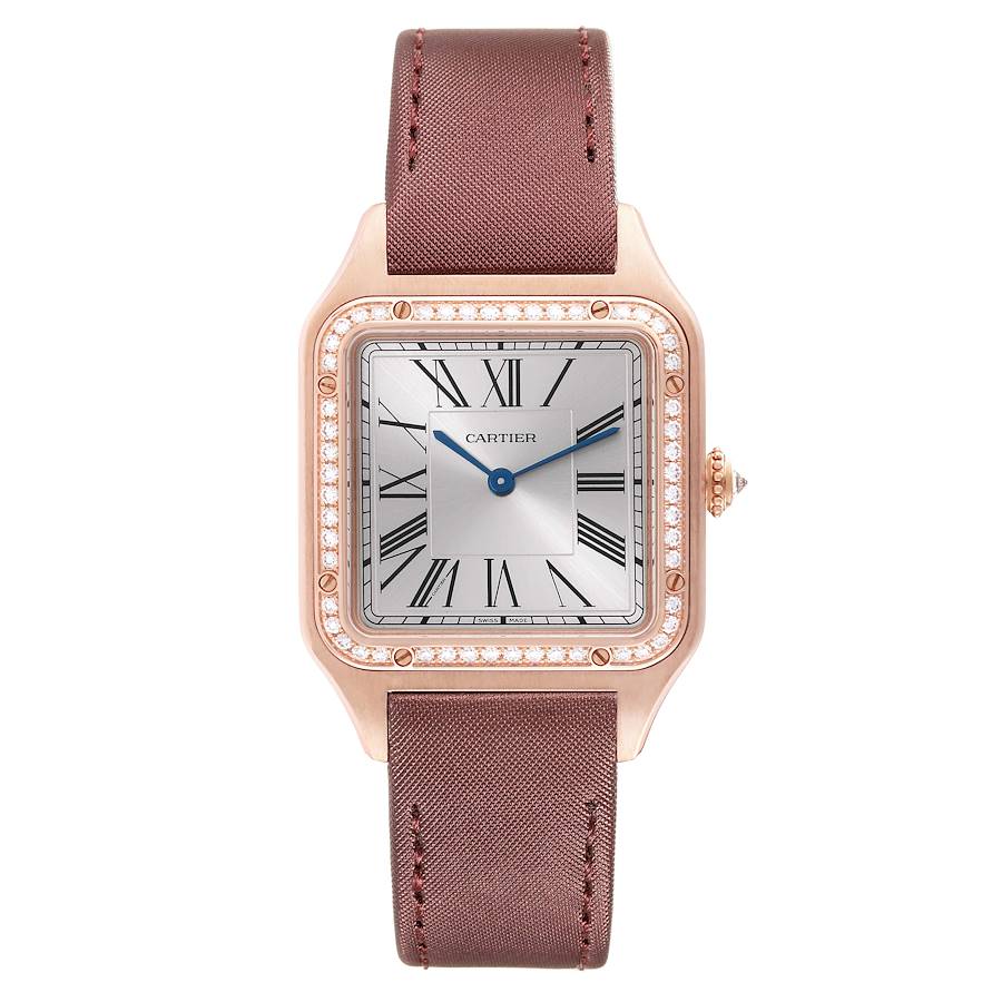 Cartier Santos Dumont Rose Gold Silver Dial Diamond Mens Watch WJSA0018