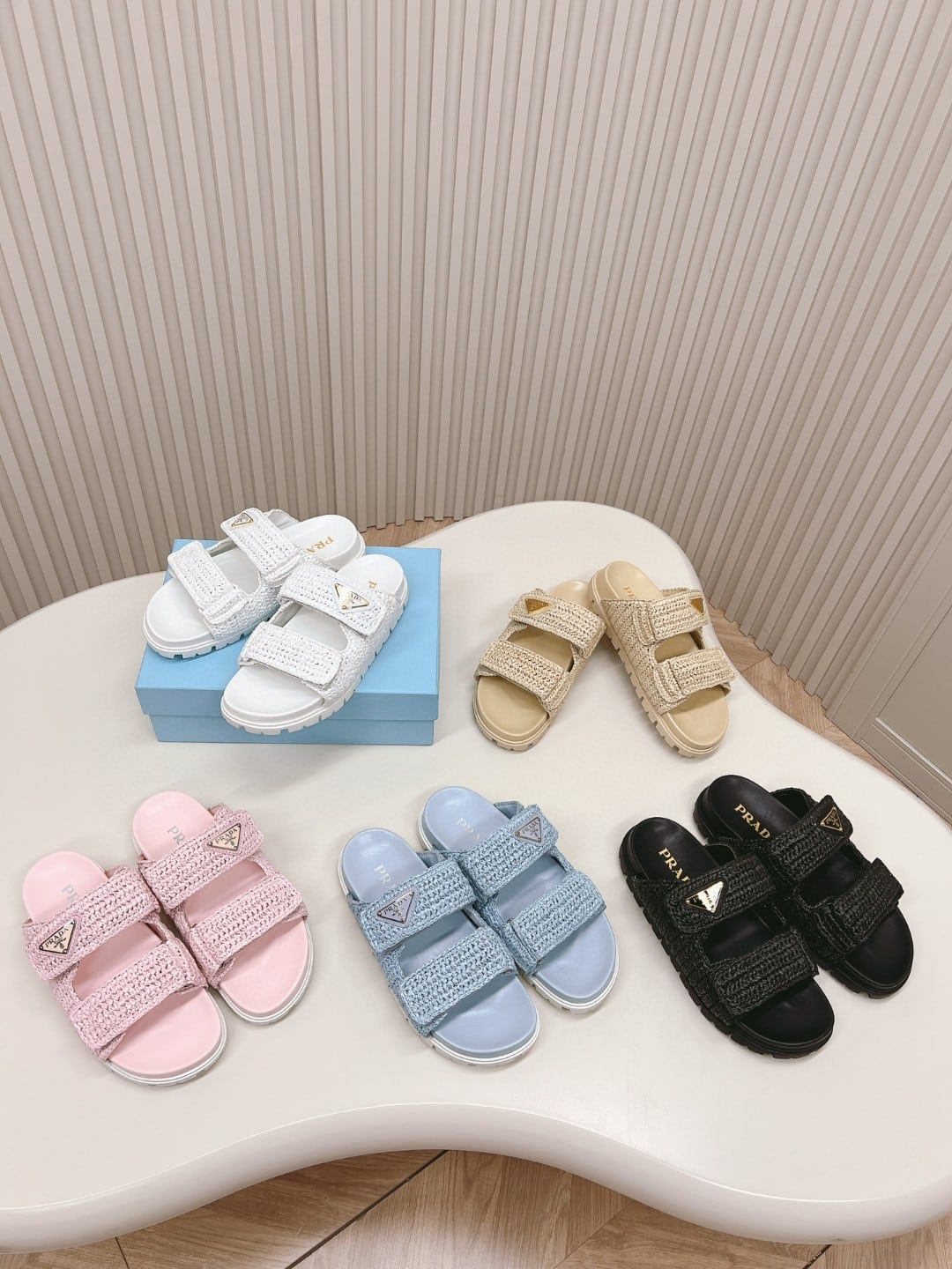 Prada Raffia Double Band Slide Sandals Beige 1Xx699 F020 2C2T F0018