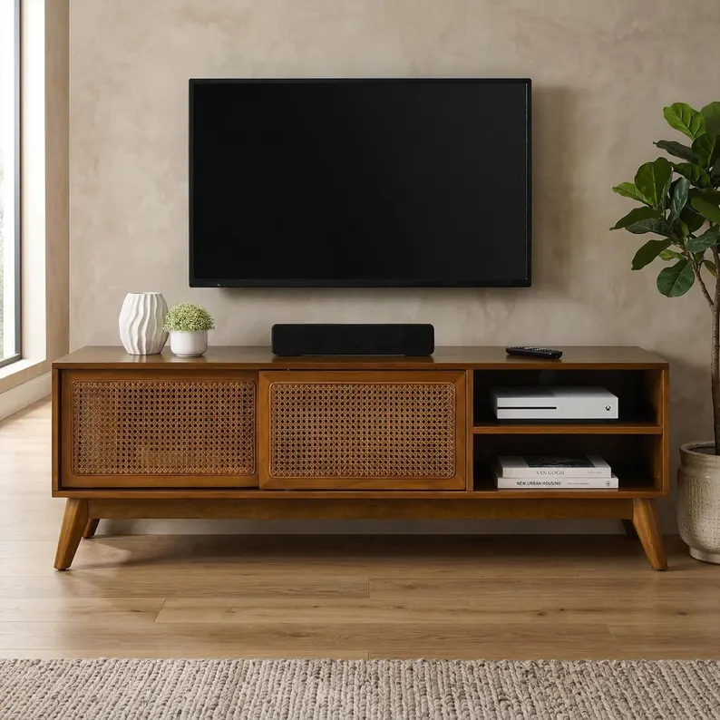 Mid-Century TV Stand with Rattan Doors