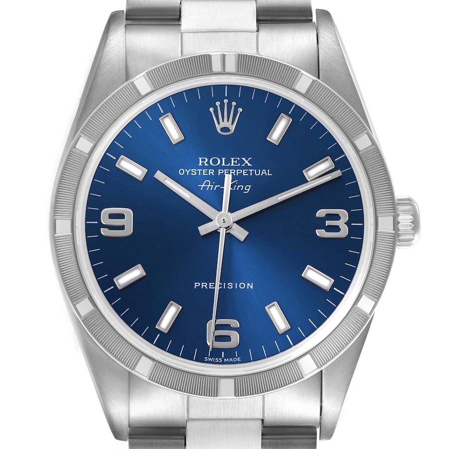 Rolex Air King Engine Turned Bezel Blue Dial Steel Mens Watch 14010