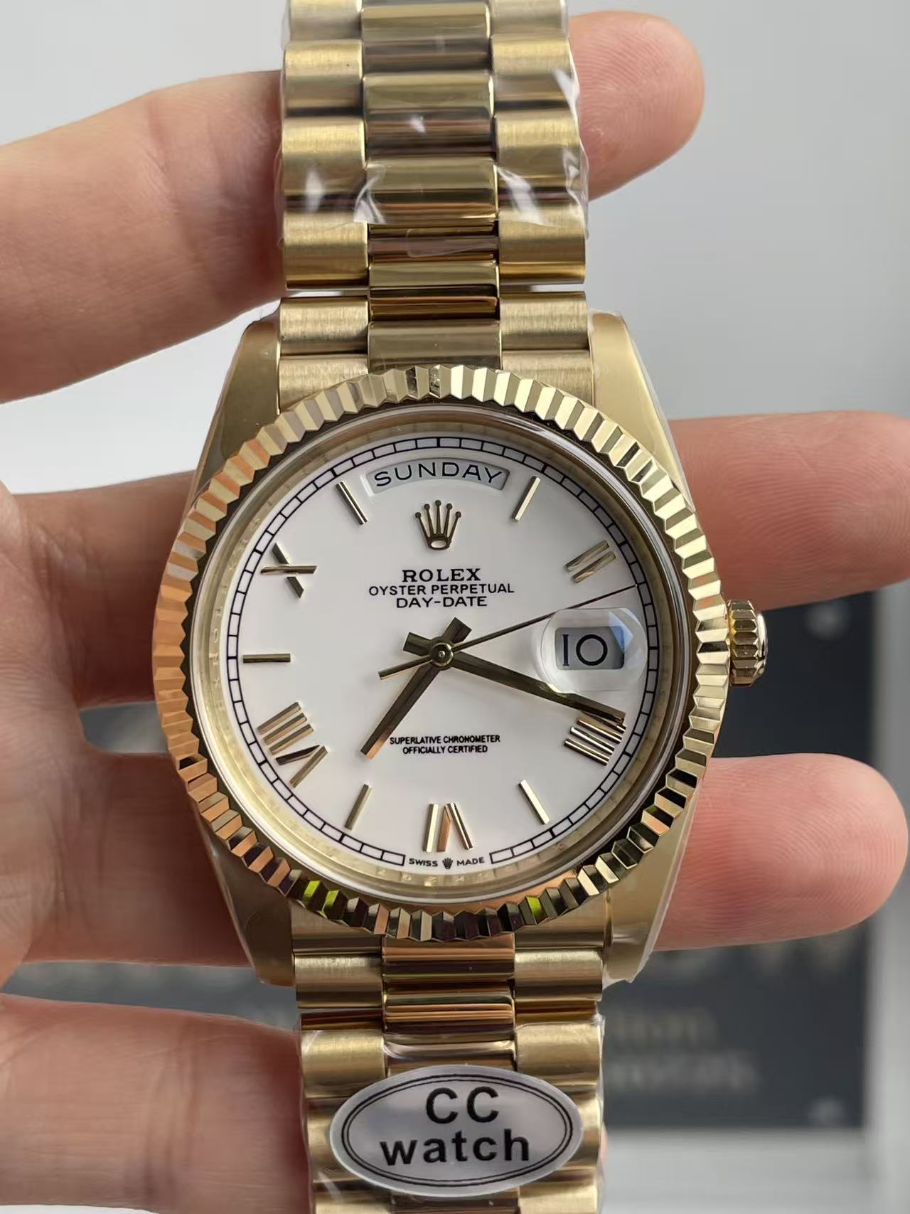 CC Rolex Day-Date 228238 White Roman Dial Fluted Bezel 40mm Mens Replica Watch