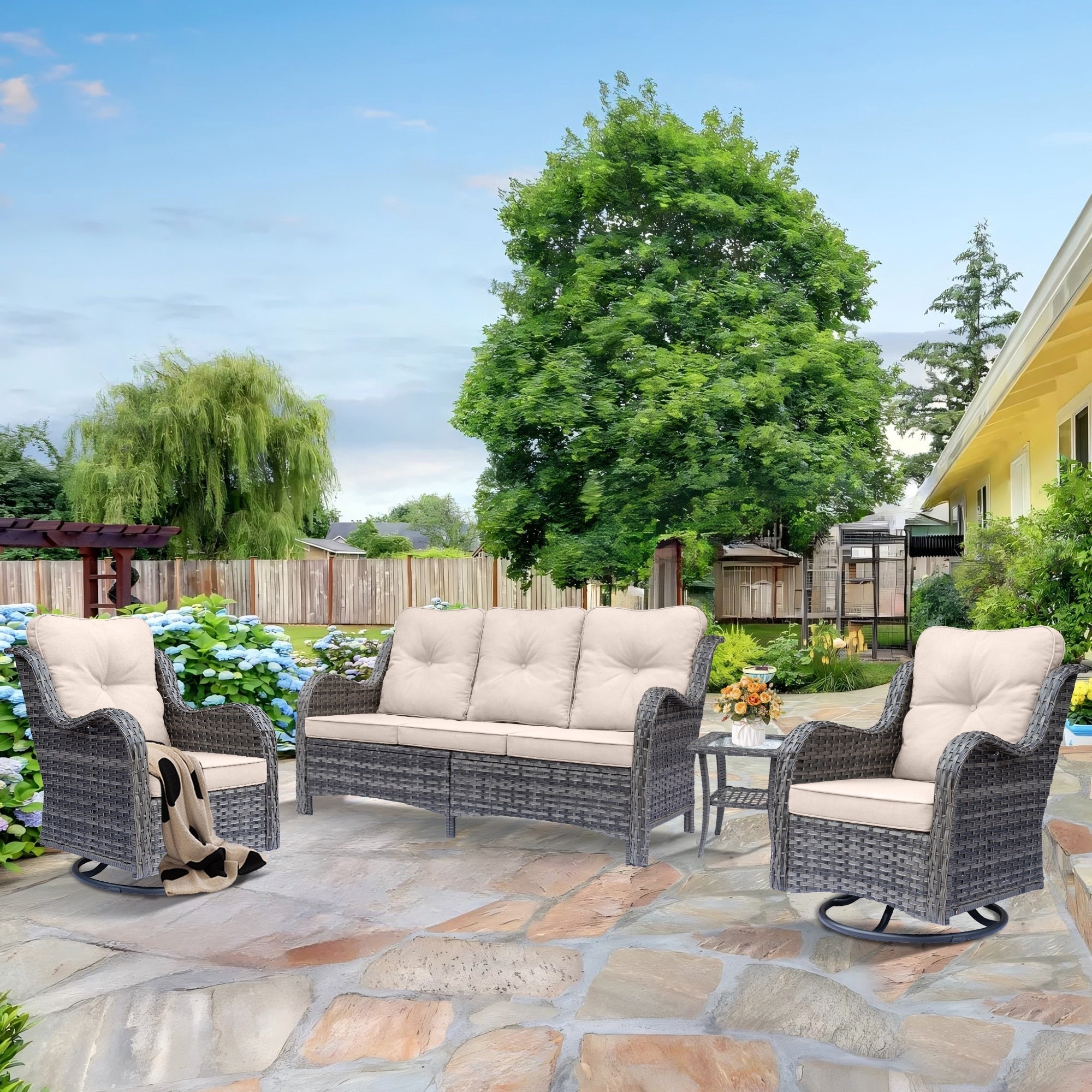 Outdoor Patio Furniture Set-Wicker Patio Conversation Swivel Chair Set