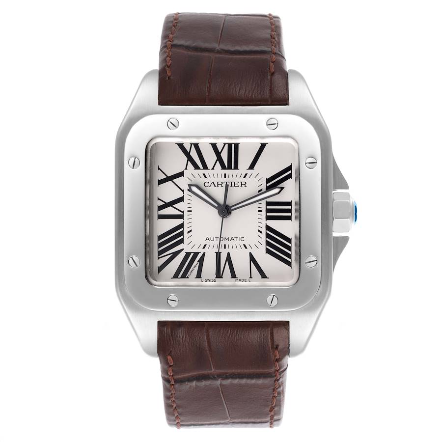 Cartier Santos 100 Brown Strap Steel Mens Watch W20073X8