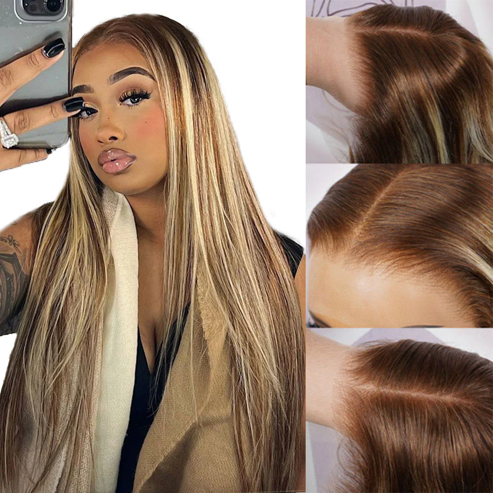 Megalook Bogo Free 13x4 Lace Front Light Brown With Blonde Highlight P12/613 Straight/Body Wave Glueless Easy Install 100% Human Wig