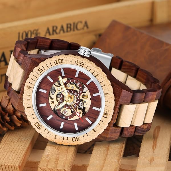 No Battery Fashion Mechanical Wooden Watch for Men, Mechanical Movement Wooden Strap Men's Watch for Father's Day, Birthday M811-red white
